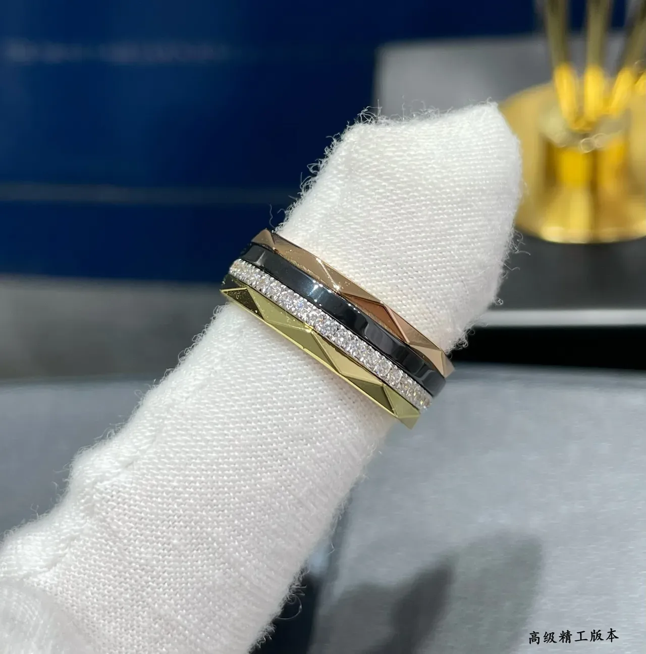 Faceted Geometric Pavé Diamond and Black Inlay Gold-Tone Ring 7
