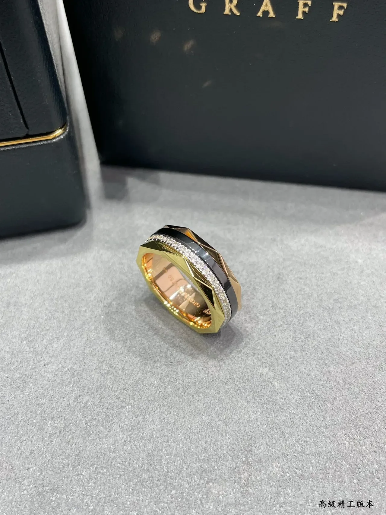 Faceted Geometric Pavé Diamond and Black Inlay Gold-Tone Ring 8