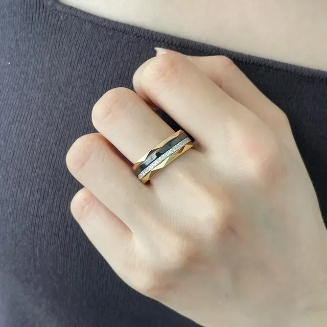 Faceted Geometric Pavé Diamond and Black Inlay Gold-Tone Ring 9
