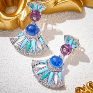 Fan-Shaped Cabochon Gemstone and Enamel Drop Earrings