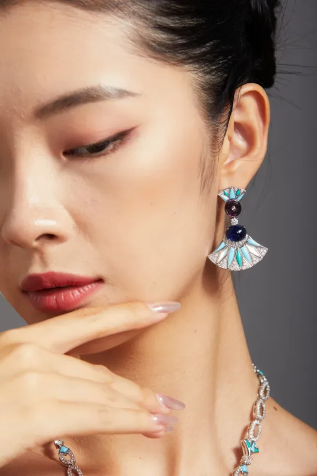 Fan-Shaped Cabochon Gemstone and Enamel Drop Earrings 2