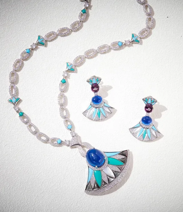 Fan-Shaped Cabochon Gemstone and Enamel Drop Earrings 3