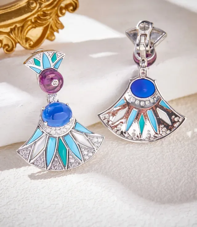 Fan-Shaped Cabochon Gemstone and Enamel Drop Earrings 4