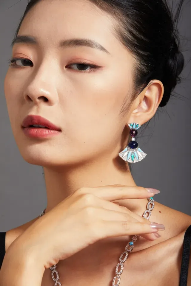 Fan-Shaped Cabochon Gemstone and Enamel Drop Earrings 5
