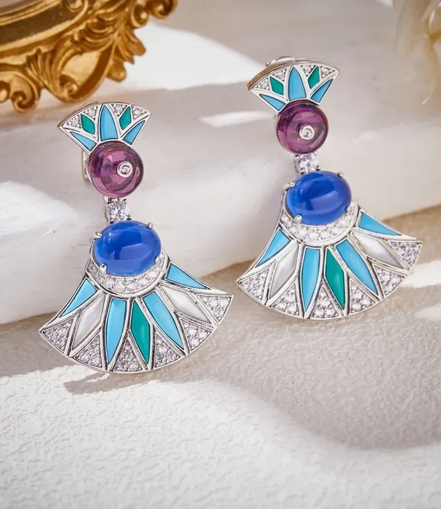 Fan-Shaped Cabochon Gemstone and Enamel Drop Earrings 6