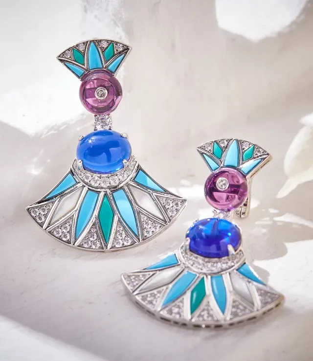 Fan-Shaped Cabochon Gemstone and Enamel Drop Earrings 7