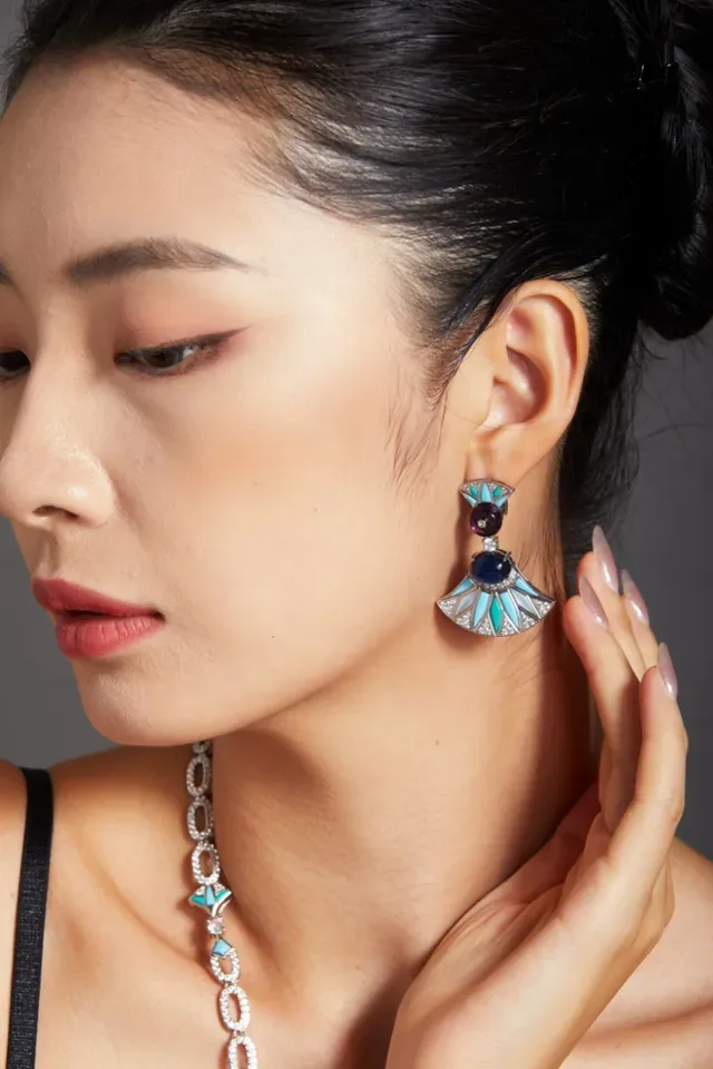 Fan-Shaped Cabochon Gemstone and Enamel Drop Earrings 8