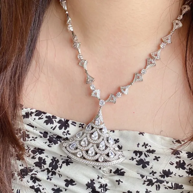 Fan-Shaped Pavé Crystal Pendant Necklace 9