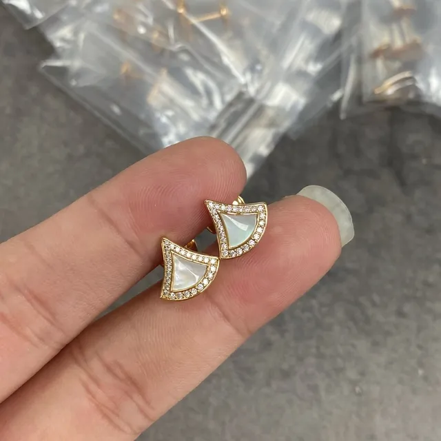 Fan-Shaped Pavé Gemstone Inlay Gold-Tone Stud Earrings 2