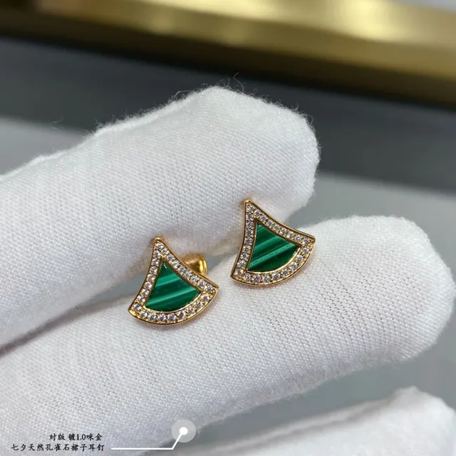 Fan-Shaped Pavé Gemstone Inlay Gold-Tone Stud Earrings 4