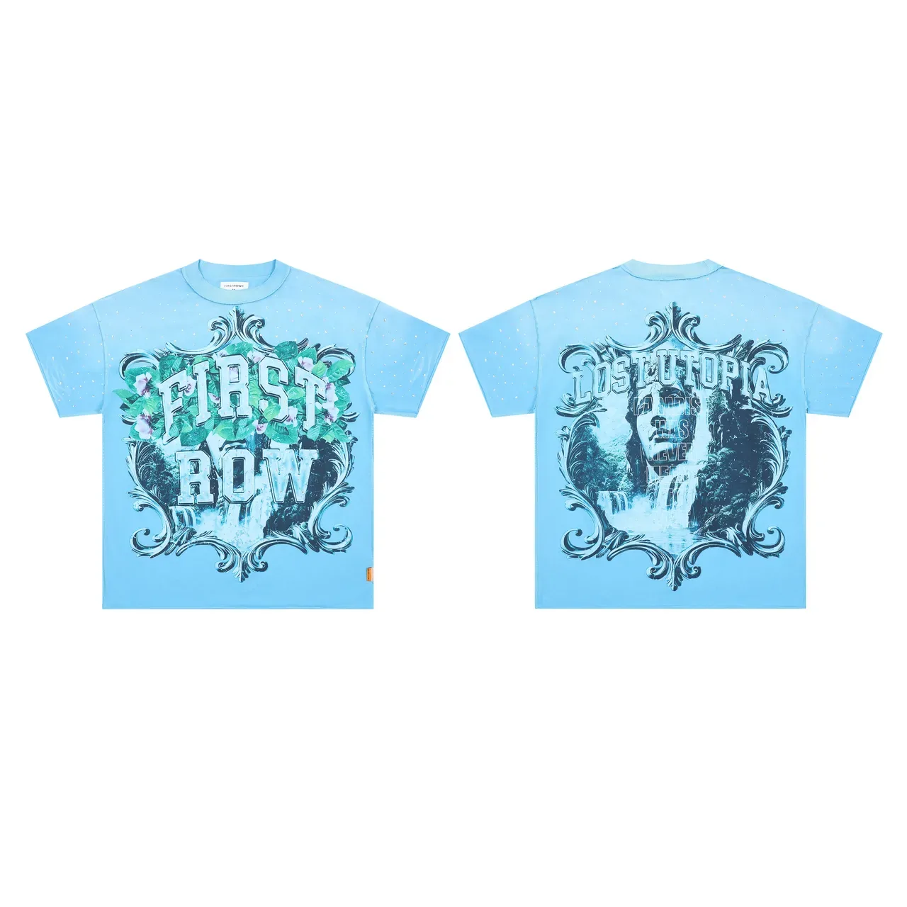 FIRST ROW Graphic Print Rhinestone-Embellished Light Blue T-Shirt 2