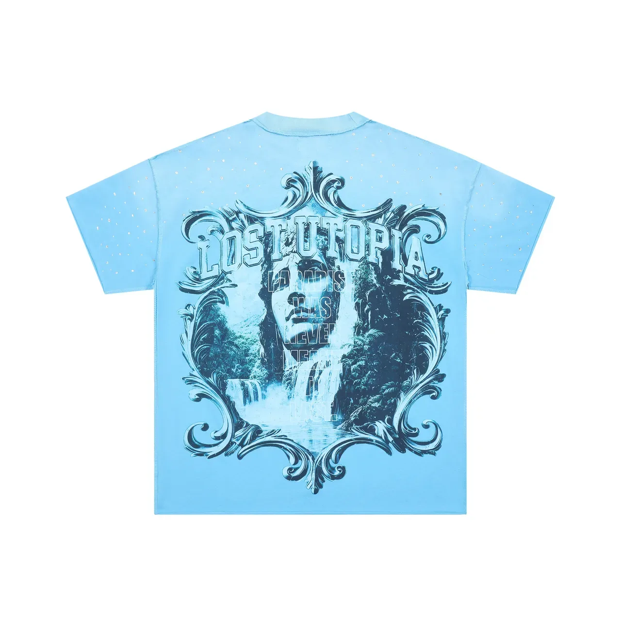 FIRST ROW Graphic Print Rhinestone-Embellished Light Blue T-Shirt 3