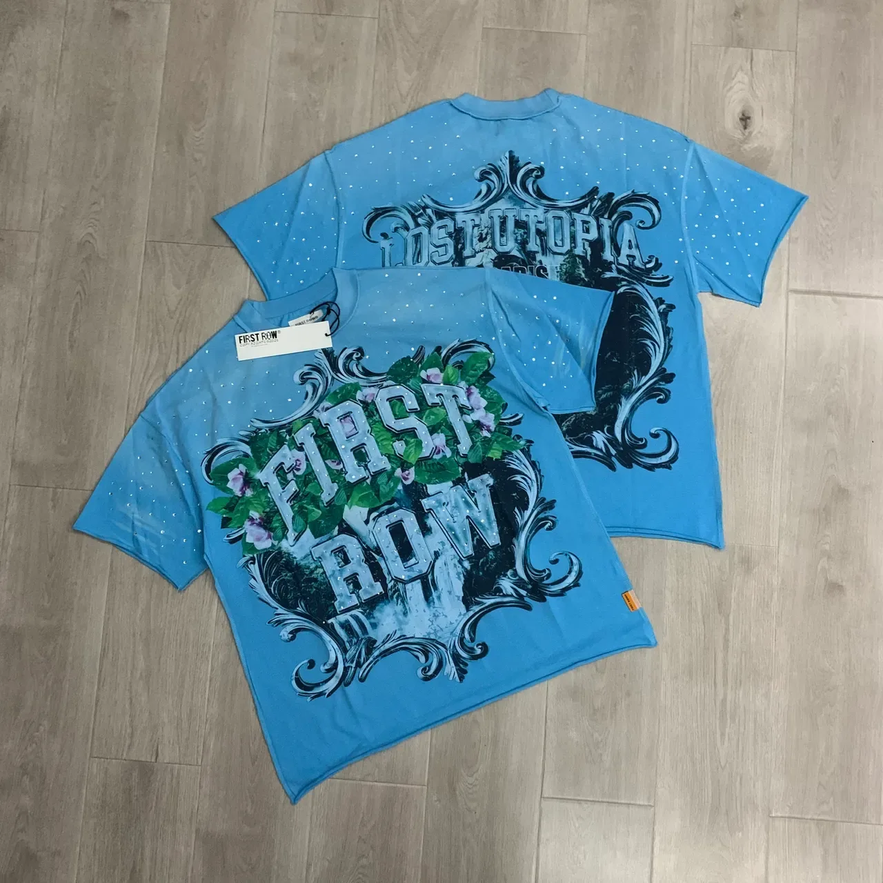 FIRST ROW Graphic Print Rhinestone-Embellished Light Blue T-Shirt 4