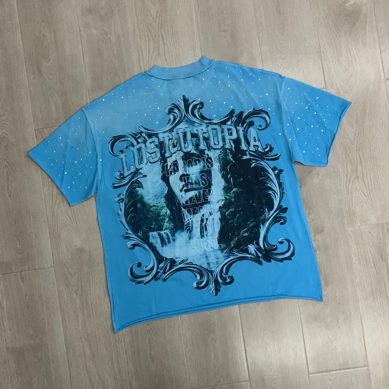 FIRST ROW Graphic Print Rhinestone-Embellished Light Blue T-Shirt 5