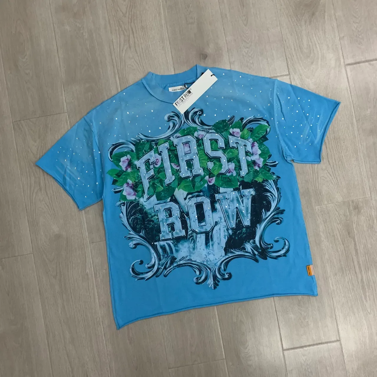 FIRST ROW Graphic Print Rhinestone-Embellished Light Blue T-Shirt 6