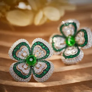 Floral Clover Motif Pavé Emerald and Diamond Earrings