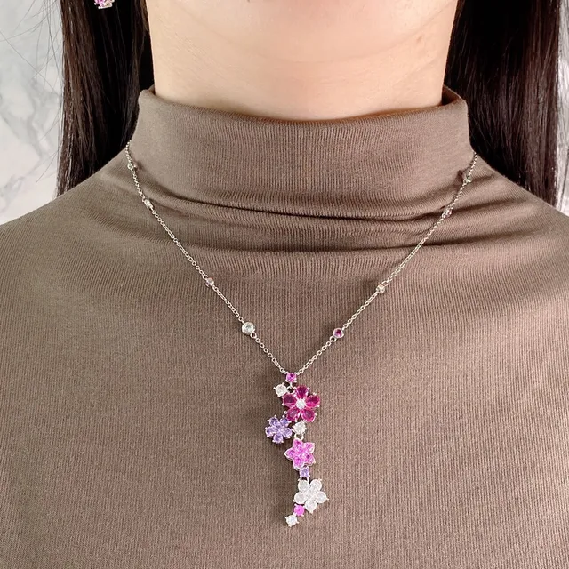 Floral Multi-Gemstone Cascade Pendant Necklace 6