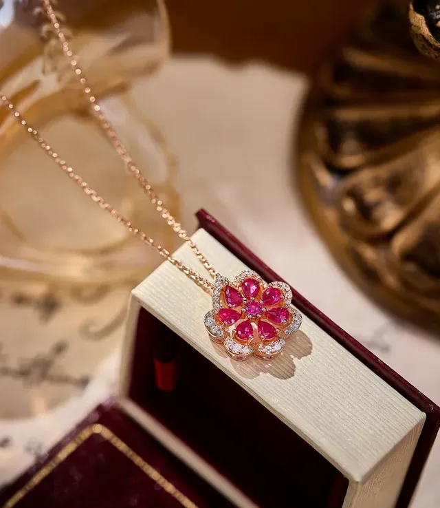 Floral Ruby and Pavé Diamond Pendant Necklace 3