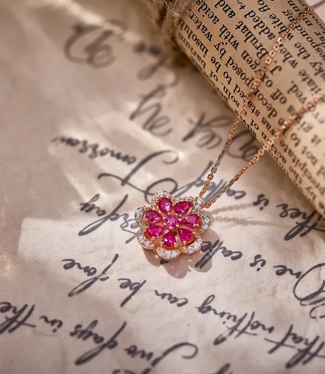 Floral Ruby and Pavé Diamond Pendant Necklace 4