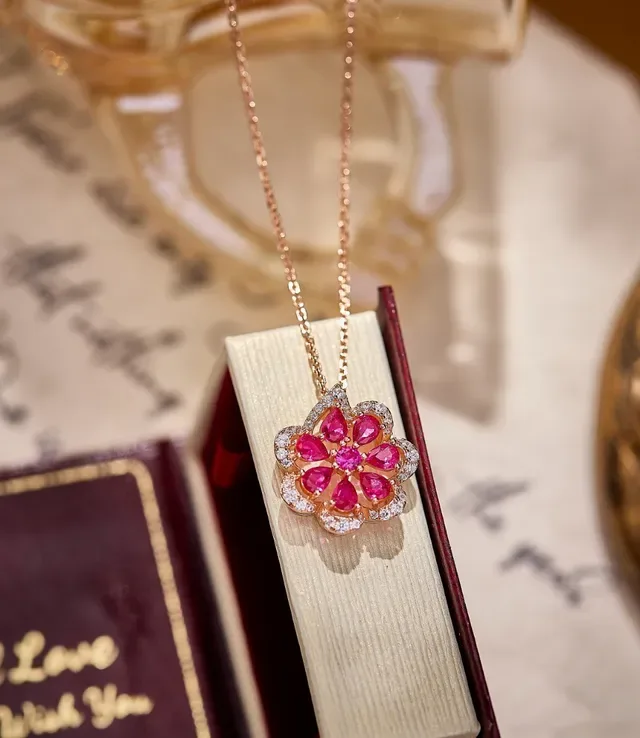 Floral Ruby and Pavé Diamond Pendant Necklace 5