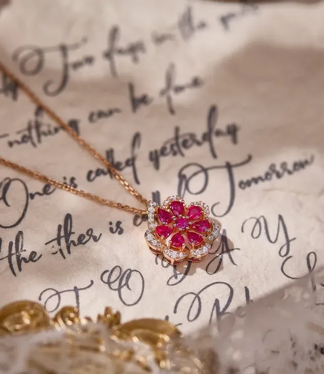 Floral Ruby and Pavé Diamond Pendant Necklace 6