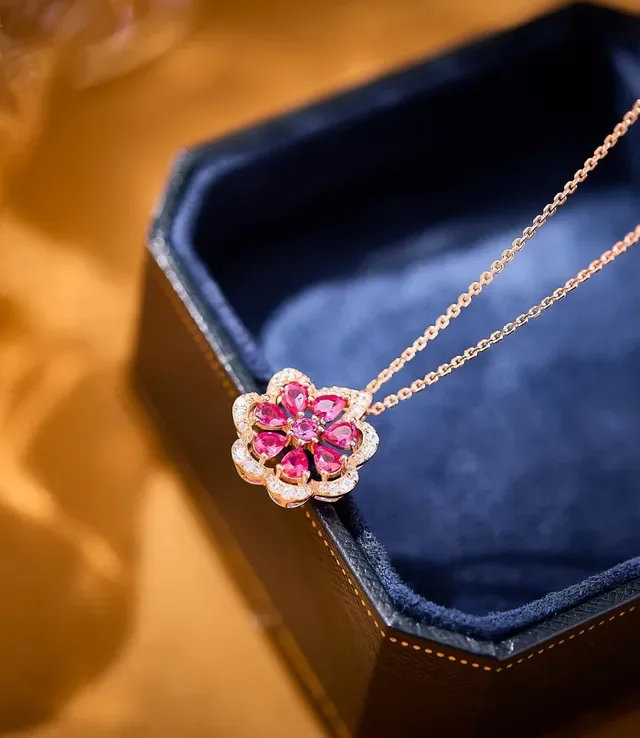 Floral Ruby and Pavé Diamond Pendant Necklace 7