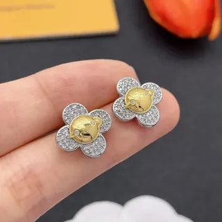 Flower-Shaped Pavé Two-Tone Gold and Silver Earrings