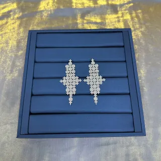 Geometric Lattice Pavé-Set Dangling Drop Earrings