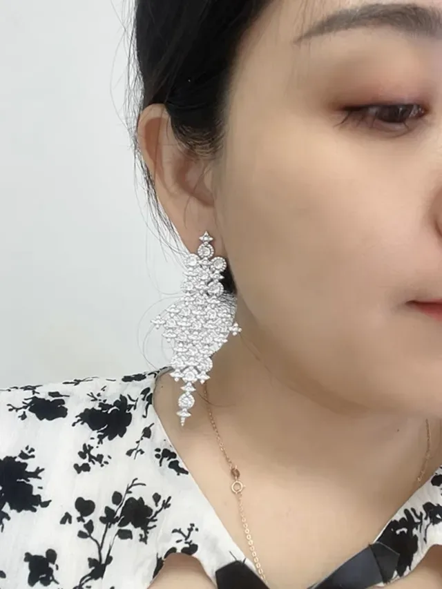 Geometric Lattice Pavé-Set Dangling Drop Earrings 3