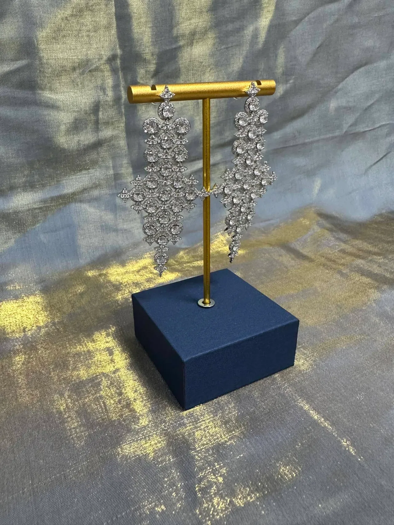 Geometric Lattice Pavé-Set Dangling Drop Earrings 4