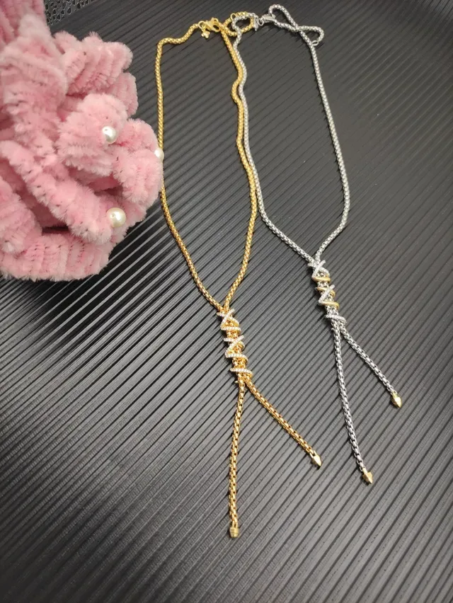 Gold and Diamond Twisted Motif Tassel Drop Necklace 2