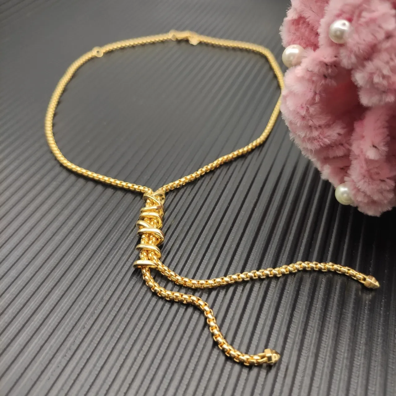 Gold and Diamond Twisted Motif Tassel Drop Necklace 3