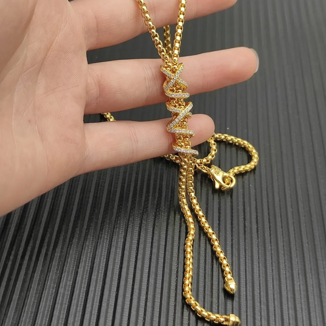 Gold and Diamond Twisted Motif Tassel Drop Necklace 5