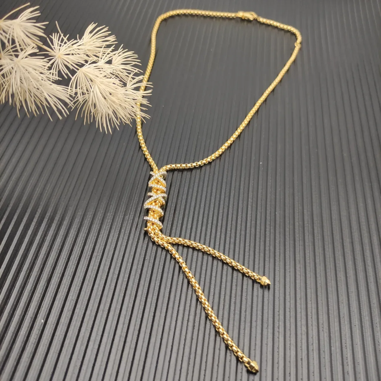 Gold and Diamond Twisted Motif Tassel Drop Necklace 7