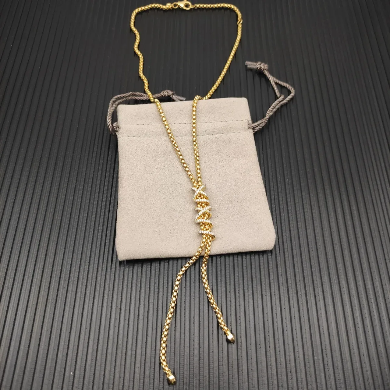 Gold and Diamond Twisted Motif Tassel Drop Necklace 8