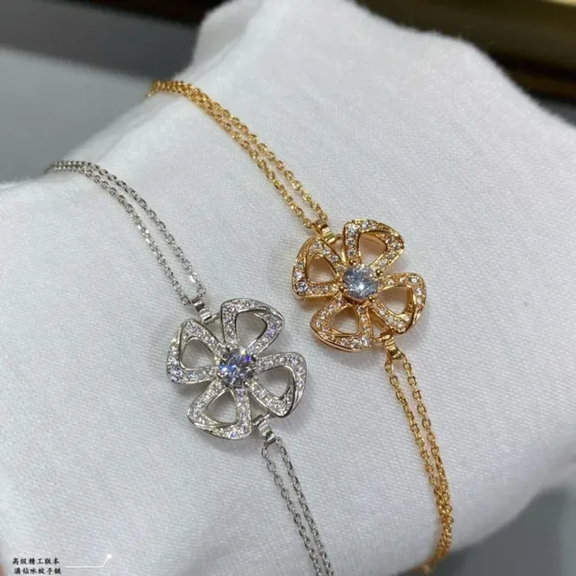 Gold and Silver Floral Pavé Stone Double-Chain Bracelets 8