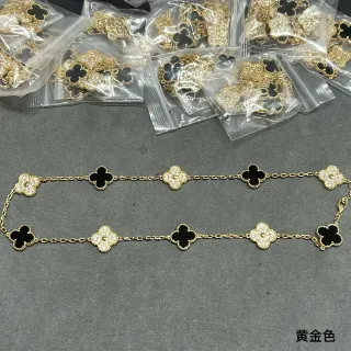 Gold Black Chain Alternating Enamel Clovers Necklace