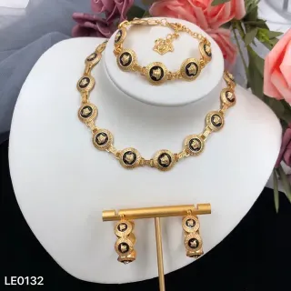 Gold Black Link Chain Medallion Motifs Necklace