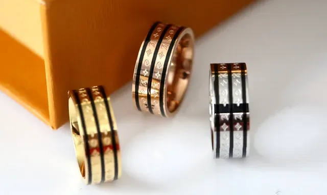 Gold Black Monogram-Engraved Inlay Band Ring 3