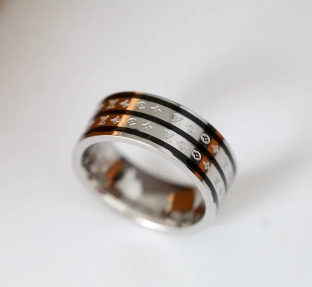 Gold Black Monogram-Engraved Inlay Band Ring 5