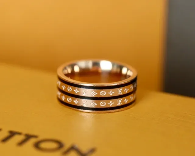 Gold Black Monogram-Engraved Inlay Band Ring 8