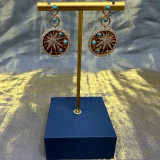 Gold Blue Circular Medallion Earrings