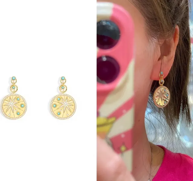 Gold Blue Circular Medallion Earrings 2