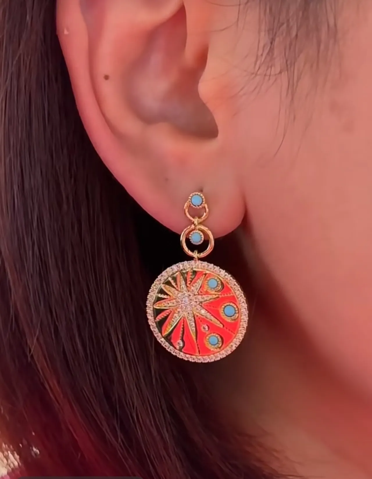 Gold Blue Circular Medallion Earrings 3