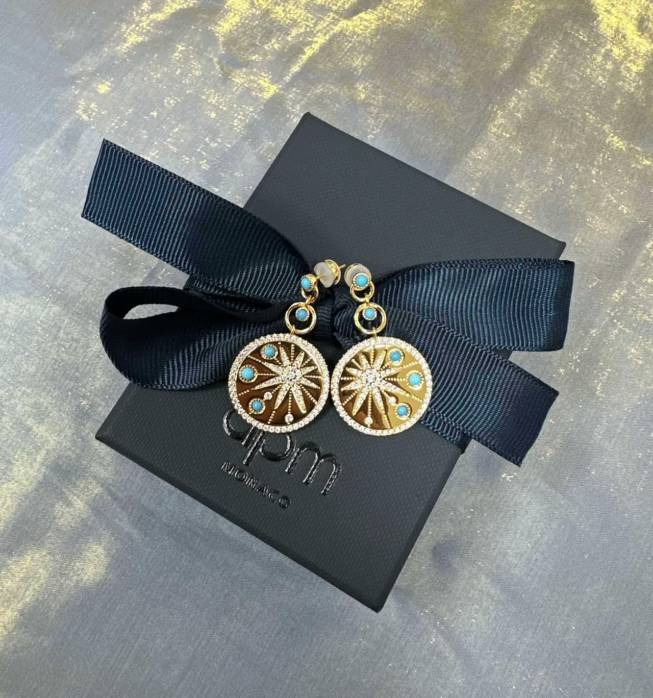 Gold Blue Circular Medallion Earrings 5