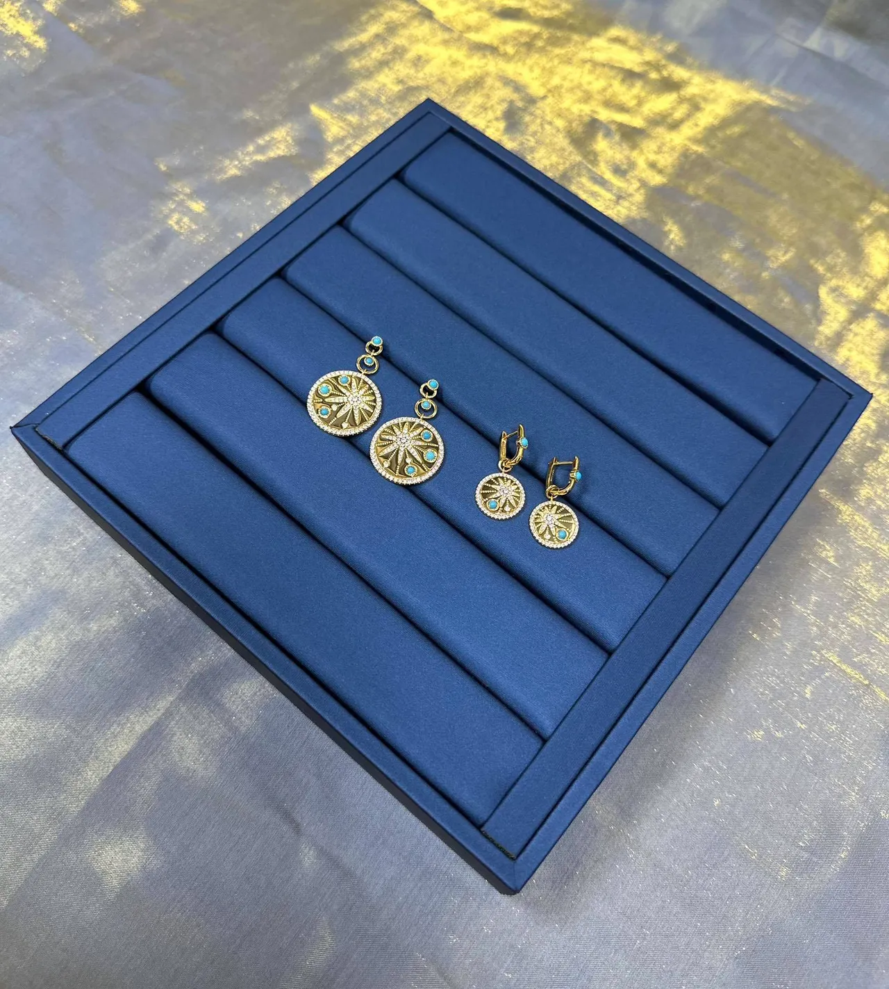 Gold Blue Circular Medallion Earrings 8
