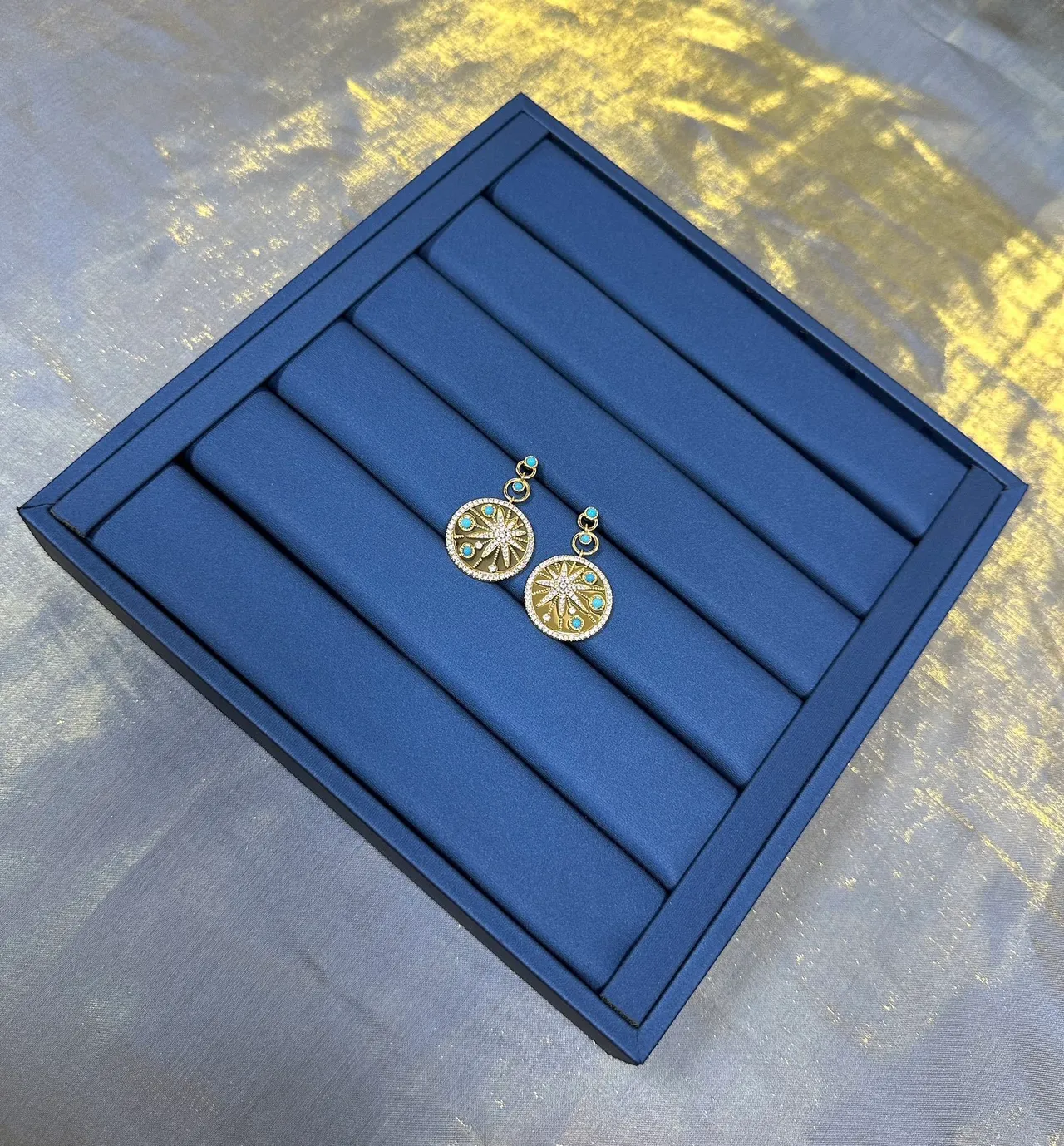 Gold Blue Circular Medallion Earrings 9