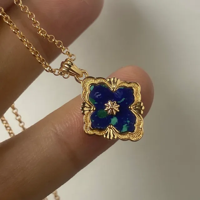 Gold Blue Quatrefoil Filigree Enamel Inlay Necklace 4