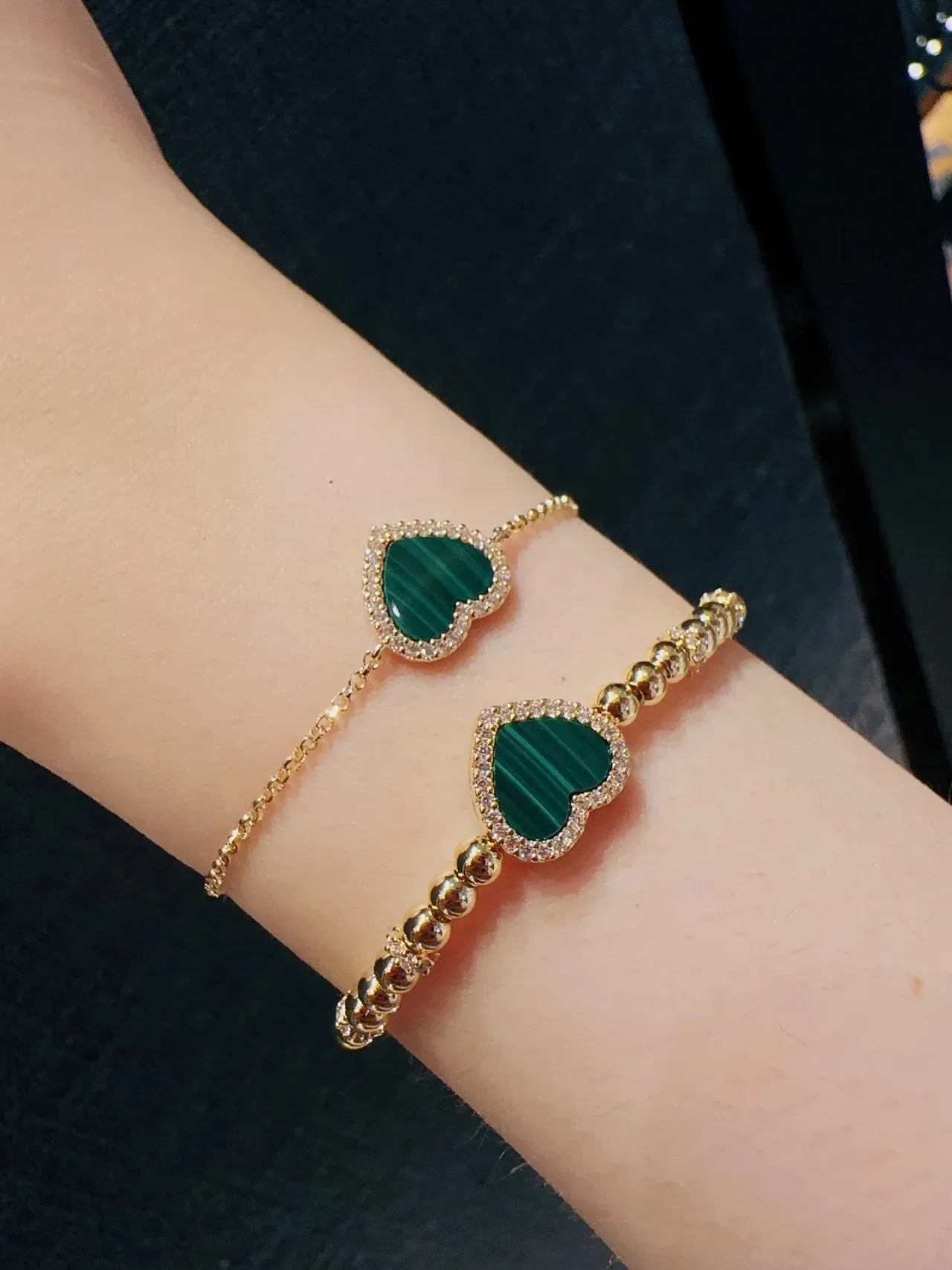 Gold Green Beaded Malachite Heart Centerpiece Bracelet 2