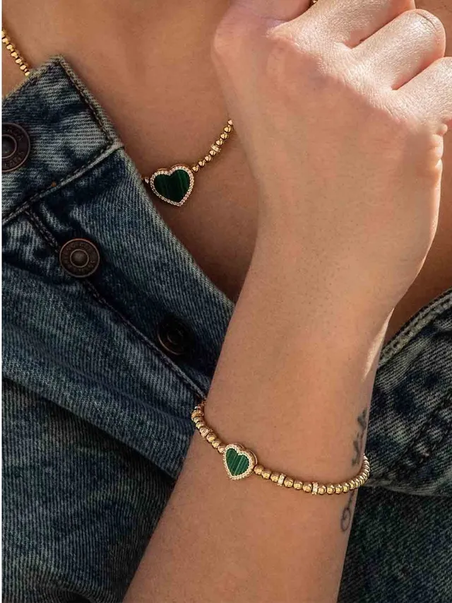 Gold Green Beaded Malachite Heart Centerpiece Bracelet 3